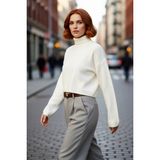 PayBuy Kadın Oversize Balıkçı Yaka Düşük Kol Süper Crop Triko Kazak Kış ve Sonbahar Için Ideal Günlük - Ekru