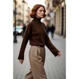 PayBuy Kadın Oversize Balıkçı Yaka Düşük Kol Süper Crop Triko Kazak Kış ve Sonbahar Için Ideal Günlük - Kahverengi