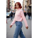 PayBuy Kadın Oversize Balıkçı Yaka Düşük Kol Süper Crop Triko Kazak Kış ve Sonbahar Için Ideal Günlük - Pembe