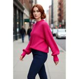 PayBuy Kadın Oversize Balon Kol Selanik Dokuma Bisiklet Yaka Uzun Düz Basic Triko Kazak 100% Akrilik - Fuşya - XS