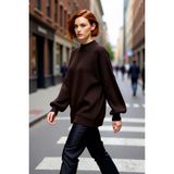 PayBuy Kadın Oversize Balon Kol Selanik Dokuma Bisiklet Yaka Uzun Düz Basic Triko Kazak 100% Akrilik - Kahverengi