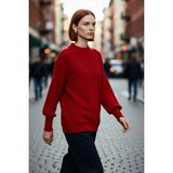 PayBuy Kadın Oversize Balon Kol Selanik Dokuma Bisiklet Yaka Uzun Düz Basic Triko Kazak 100% Akrilik - Kırmızı