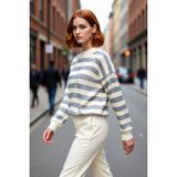 PayBuy Kadın Oversize Bisiklet Yaka Bej Gri Çizgili Akrilik Uzun Kollu Triko Kazak Günlük Şıklık Kaliteli - Ekru - M