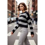 PayBuy Kadın Oversize Bisiklet Yaka Çizgili Crop Akrilik Triko Kazak Akıtma Detaylı Rahat Şıklık Kaliteli - Lacivert