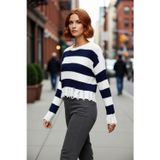 PayBuy Kadın Oversize Bisiklet Yaka Çizgili Crop Akrilik Triko Kazak Akıtma Detaylı Rahat Şıklık Kaliteli