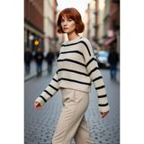 PayBuy Kadın Oversize Bisiklet Yaka Çizgili Crop Triko Kazak Düşük Kollu Rahat Kışlık Kombinler Için - Bej - XS
