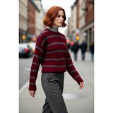 PayBuy Kadın Oversize Bisiklet Yaka Çizgili Crop Triko Kazak Düşük Kollu Rahat Kışlık Kombinler Için - Bordo