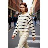 PayBuy Kadın Oversize Bisiklet Yaka Çizgili Crop Triko Kazak Düşük Kollu Rahat Kışlık Kombinler Için - Krem