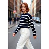 PayBuy Kadın Oversize Bisiklet Yaka Çizgili Crop Triko Kazak Düşük Kollu Rahat Kışlık Kombinler Için - Lacivert