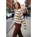 PayBuy Kadın Oversize Bisiklet Yaka Çizgili Crop Triko Kazak Düşük Kollu Rahat Kışlık Kombinler Için - Taş - XS