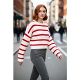 PayBuy Kadın Oversize Bisiklet Yaka Çizgili Crop Triko Kazak Düşük Kollu Rahat Kışlık Kombinler İçin