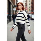 PayBuy Kadın Oversize Bisiklet Yaka Çizgili Triko Crop Kazak Ilkbahar Sonbahar Günlük Şıklık Kaliteli - Ekru - M