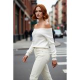 PayBuy Kadın Oversize Boncuk Işlemeli Kayık Yaka Triko Kazak Omuz Açık Super Crop Şık Tasarım Kaliteli - Ekru