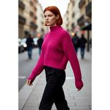 PayBuy Kadın Oversize Crop Dik Yaka Uzun Düşük Kol Kalın Selanik Örgü Triko Kışlık Kazak Kaliteli - Fuşya
