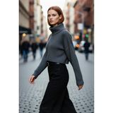 PayBuy Kadın Oversize Crop Fermuarlı Dik Yaka Selanik Dokuma Akrilik Triko Kazak Kış Günlük Kombinler Için - Antrasit - XS