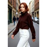PayBuy Kadın Oversize Crop Fermuarlı Dik Yaka Selanik Dokuma Akrilik Triko Kazak Kış Günlük Kombinler Için - Kahverengi