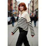 PayBuy Kadın Oversize Dik Yaka Çizgili Triko Kazak Düşük Kollu Crop Kesim Günlük Şık Kış Stili Kaliteli - Ekru