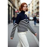 PayBuy Kadın Oversize Dik Yaka Çizgili Triko Kazak Düşük Kollu Crop Kesim Günlük Şık Kış Stili Kaliteli - Lacivert