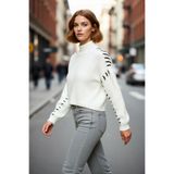PayBuy Kadın Oversize Dik Yaka Renk Bloklu Düşük Kol Crop Triko Kazak Kış Kombinleri İçin Mükemmeldir
