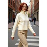 PayBuy Kadın Oversize Dik Yaka Triko Kazak Standart Kollu Düz Desen Yumuşak Dokulu Crop Kışlık Rahatlık - Taş