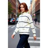PayBuy Kadın Oversize Düşük Kol Fermuarlı Dik Yaka Triko Selanik Örgü Basic Uzun Kollu Kazak Kaliteli - Ekru-001