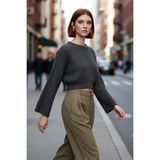 PayBuy Kadın Oversize Gri Akrilik Selanik Dokuma Super Crop Ispanyol Kol Triko Kazak Günlük Stilinize - Antrasit