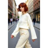 PayBuy Kadın Oversize Gri Akrilik Selanik Dokuma Super Crop Ispanyol Kol Triko Kazak Günlük Stilinize - Ekru