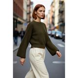 PayBuy Kadın Oversize Gri Akrilik Selanik Dokuma Super Crop Ispanyol Kol Triko Kazak Günlük Stilinize - Haki