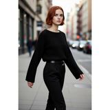 PayBuy Kadın Oversize Gri Akrilik Selanik Dokuma Super Crop Ispanyol Kol Triko Kazak Günlük Stilinize - Siyah