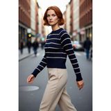 PayBuy Kadın Oversize Lacivert Simli Çizgili Bisiklet Yaka Reglan Kol Triko Kazak Kış Şıklığı Için