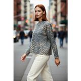 PayBuy Kadın Oversize Leopar Desenli Bisiklet Yaka Düşük Kollu Akrilik Polyester Triko Kazak Rahat Şıklık