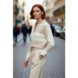 PayBuy Kadın Oversize Polo Yaka Çizgili Düşük Kol Süper Crop Triko Kazak Kışlık Kombinlerin Gözdesi