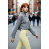 PayBuy Kadın Oversize Super Crop Balıkçı Yaka Uzun Kollu Akrilik Triko Kazak Kışlık Günlük Şıklık - Gri