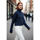 PayBuy Kadın Oversize Super Crop Balıkçı Yaka Uzun Kollu Akrilik Triko Kazak Kışlık Günlük Şıklık - Indigo - M