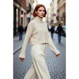 PayBuy Kadın Oversize Super Crop Balıkçı Yaka Uzun Kollu Akrilik Triko Kazak Kışlık Günlük Şıklık - Taş