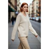 PayBuy Kadın Oversize V Yaka Basic Triko Kazak Pamuk Polyester Karışımı Uzun Kollu Kışlık Rahat Stili - Taş