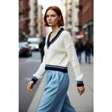 PayBuy Kadın Oversize V Yaka Renk Bloklu Triko Kazak Soğuk Havalar İçin Basic Crop Uzun Kol Stil.