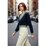 PayBuy Kadın Oversize V Yaka Renk Bloklu Triko Kazak Soğuk Havalar Için Basic Crop Uzun Kol Stil. - Lacivert - M