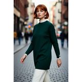 PayBuy Kadın Regular Kalıp Bisiklet Yaka Düşük Kol Dantel Inci Detaylı Triko Pike Dokuma Tunik Kazak Modeli - Koyu Yeşil