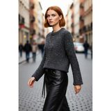 PayBuy Kadın Regular Kalıp Crop Pul Payetli Bisiklet Yaka Uzun Standart Kol Orta Kalın Triko Kazak - Antrasit