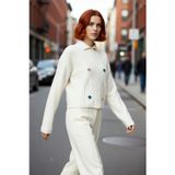 PayBuy Kadın Regular Kalıp Polo Yaka Saç Örgü Desenli Crop Akrilik Triko Nakışlı Çiçek Detaylı Kışlık Kazak