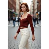 PayBuy Kadın Regular Kalıp Uzun Kollu Crop Kahverengi Kalp Yaka Fitilli Akrilik Triko Kazak Günlük Şıklık