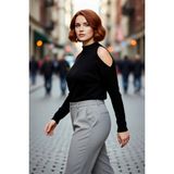 PayBuy Kadın Relaxed Kalıp Dik Yaka Düşük Uzun Kollu Omzu Açık Detaylı Modern Konforlu Triko Kazak - Siyah - 2XL