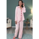 PayBuy Kadın Şık Rahat Uzun Kollu Boru Paça Kalpli Biyeli Viskon Dokuma Pijama Takımı