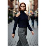 PayBuy Kadın Simli Dik Yaka Reglan Kol Regular Kesim Triko Omuz Açık Detaylı Şık Kışlık Kazak Kaliteli - Lacivert