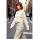 PayBuy Kadınlar Için Oversize Crop Bisiklet Yaka Fitilli Uzun Kollu Basic Akrilik Triko Kazak Ilkbahar - Ekru