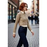 PayBuy Kadınlara Özel Regular Kesim Saç Örgü Desenli Düşük Kollu Crop Triko Kazak Akrilik Konforu Sunuyor - Vizon