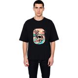 PayBuy Kafatası Sörf Tasarımı Baskılı Erkek Oversize Tişört - Siyah - 2XL
