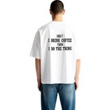 PayBuy Kahve Bağımlılığı ve Aksiyon Baskılı Erkek Oversize Tişört - Beyaz - 2XL
