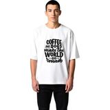 PayBuy Kahve ve Köpekler Dünyayı Döndürür Baskılı Erkek Oversize Tişört - Beyaz - 2XL